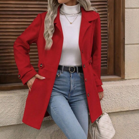 Women’s Woolen Mid-Length Coat – Single Breasted Button Jacket – Elegant Lapel O - Picture 4 of 4